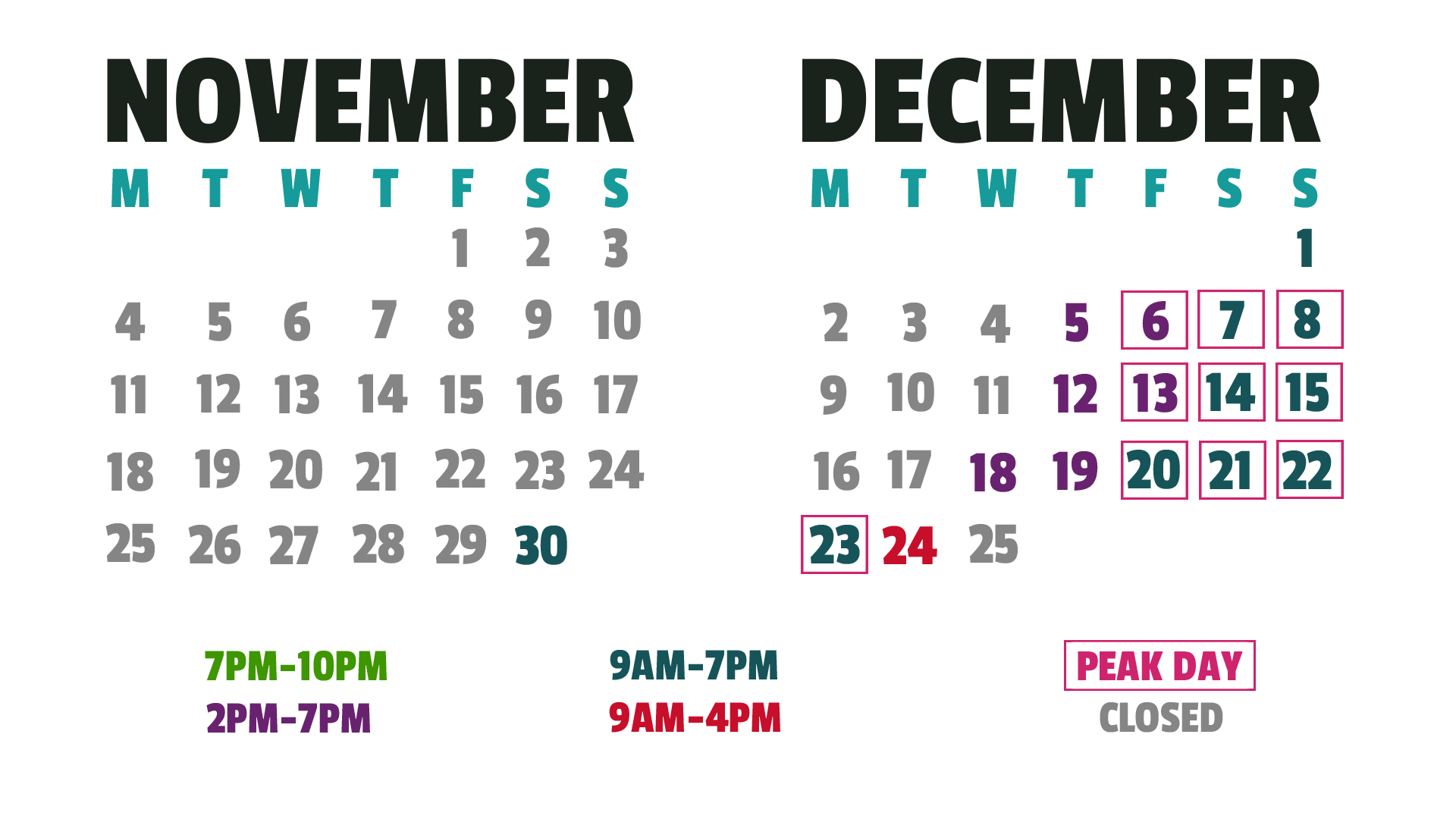 Calendar of availability to see Santa Claus at Mr. Kringle's Inventionasium Experience in Cleveland